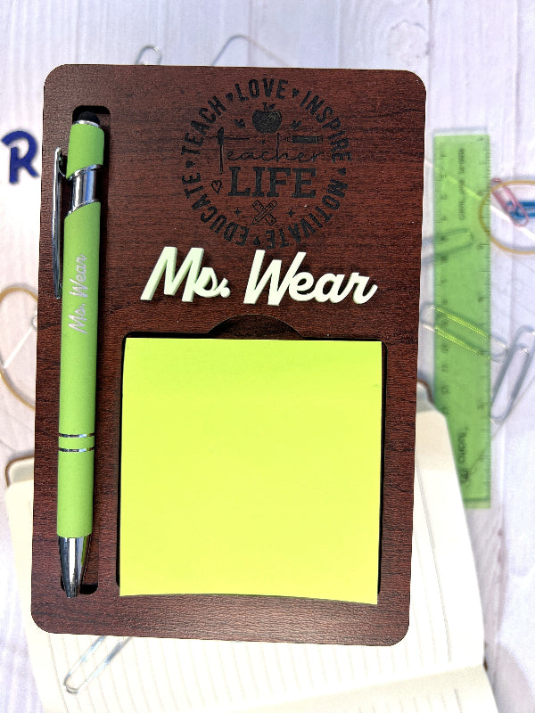 Wooden desk organizer with green pen and yellow sticky notes, personalized 