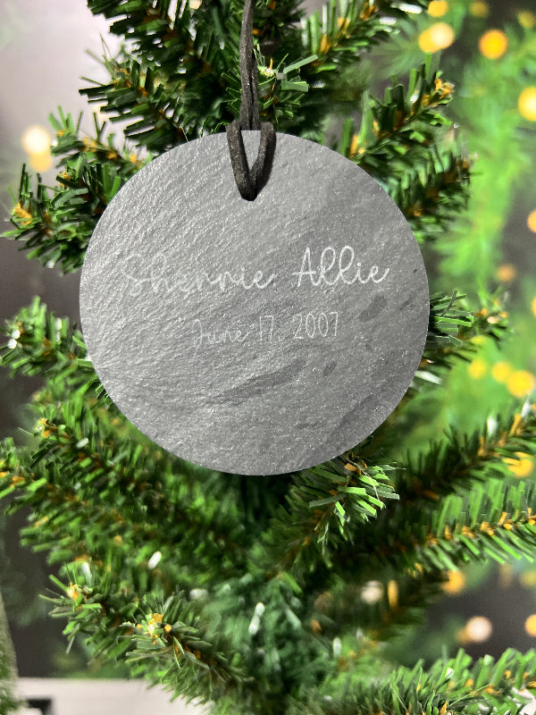 slate ornament with personalized engraving. From She Shed Designs