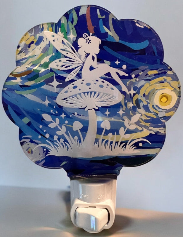 Handcrafted acrylic nightlight featuring a fairy with a mushroom design in Micro Starry Swirls. From She Shed Designs.