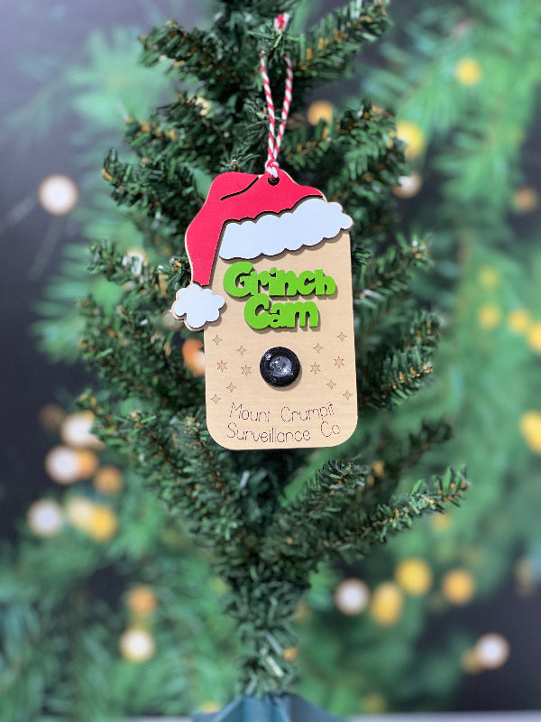 Decorative ornament with 'Green man Cam' on a Christmas tree. From She Shed Designs