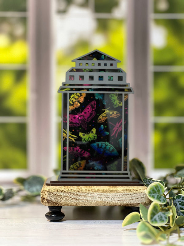 Decorative lantern with colorful Insect design on a blurred green background From She Shed Designs