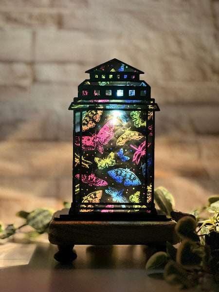 Decorative lantern with colorful insect designs on a stone surface. From She Shed Designs