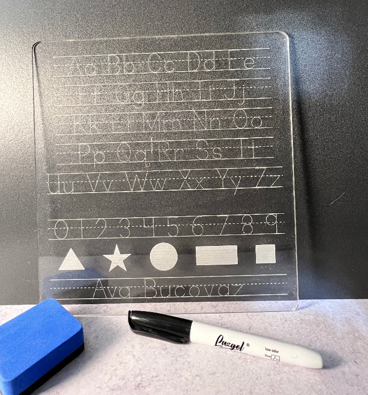 Clear acrylic trace board letters, numbers and name for kids. From She Shed Designs