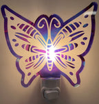Butterfly-shaped night light with Purple and blue design on a white background. From She Shed Designs.