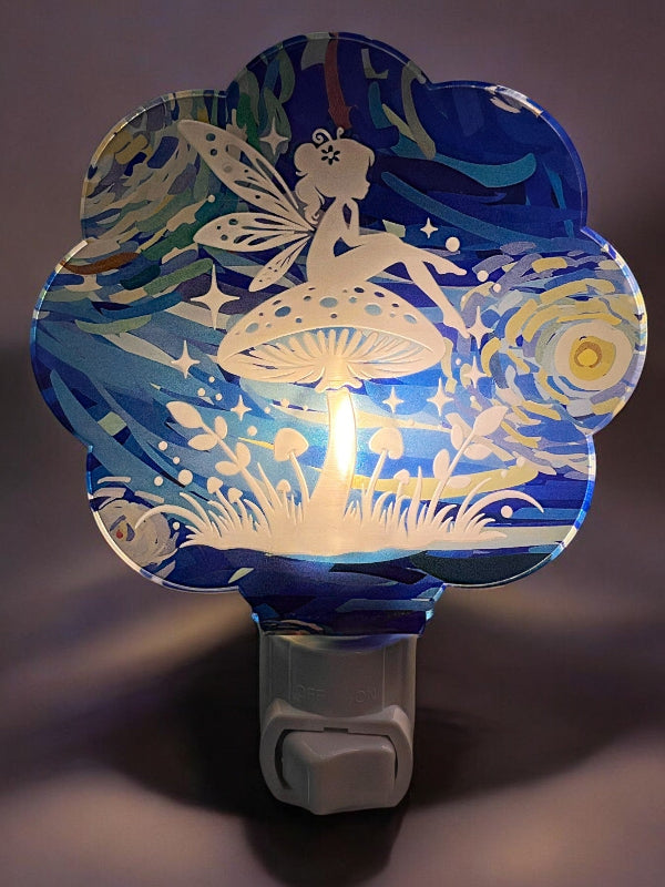 Handcrafted acrylic nightlight featuring a fairy with a mushroom design in Micro Starry Swirls. From She Shed Designs.