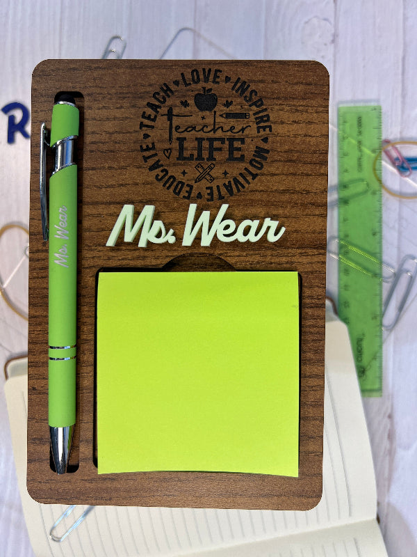 Wooden desk organizer with a green pen and sticky notes, featuring 'Mr. Wear'. From She Shed Designs