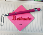 Pink pen and sticky note with 'Bethanie' on a lined paper background. From She Shed Designs