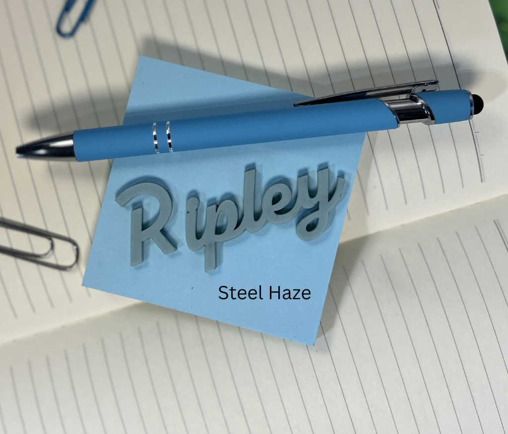 Blue pen on a piece of paper with 'Ripley' and 'Steel Haze' text. From She Shed Designs